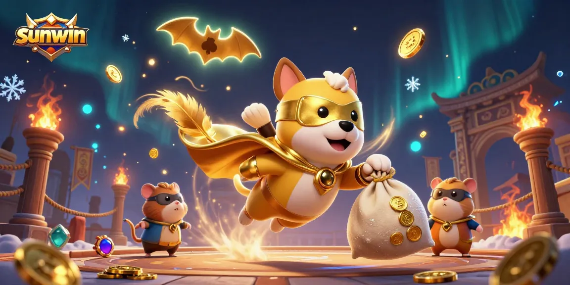 Experience sunwin's thrilling atmosphere with a superhero dog and gold coins in a vibrant casino