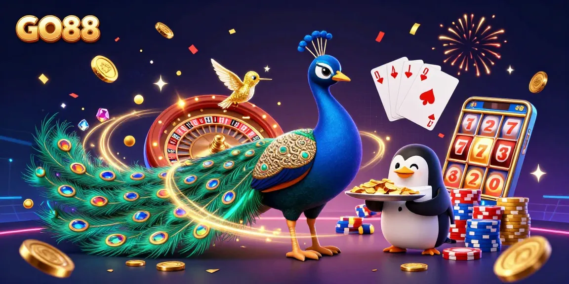 Watch a peacock celebrate wins at GO88 with a butler penguin and a shimmering hummingbird.
