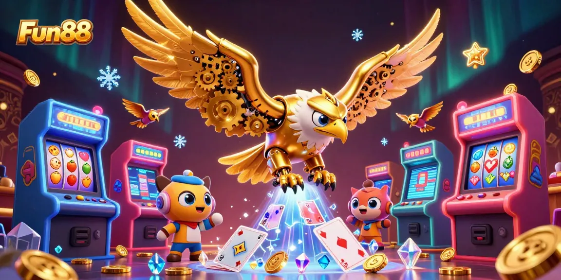 Experience the thrill of Fun88 with a diving golden eagle amidst vibrant casino game elements.
