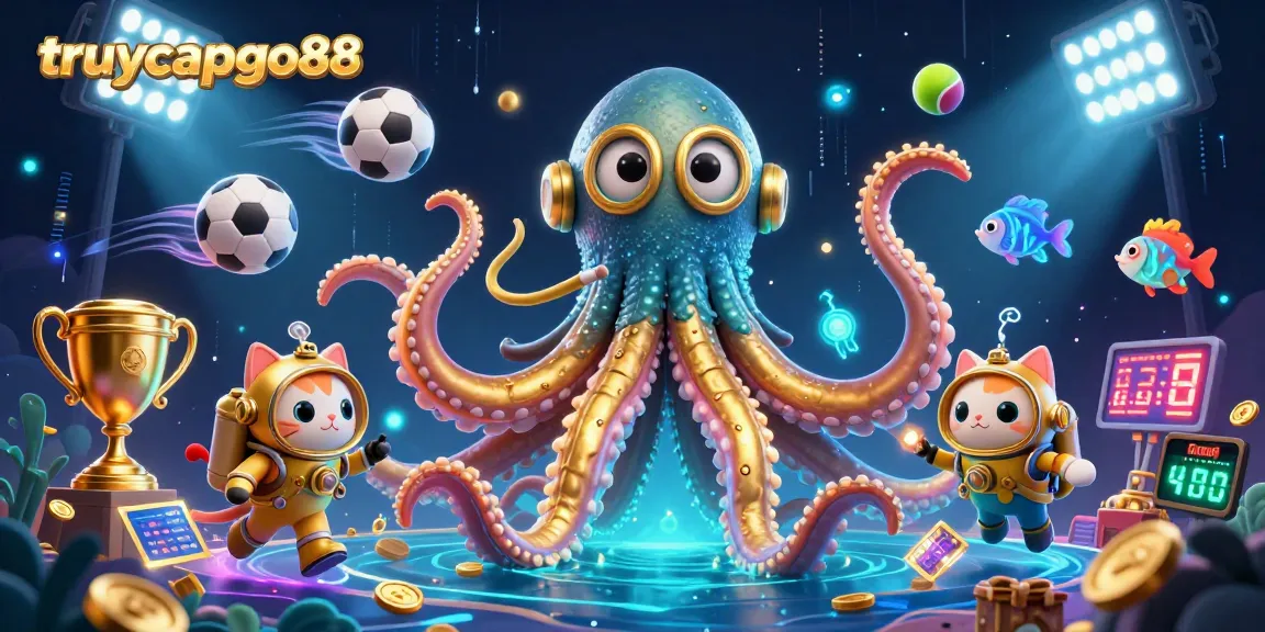 Catch thrilling action at truycapgo88 with a colossal kraken and diving cat in a dynamic scene.